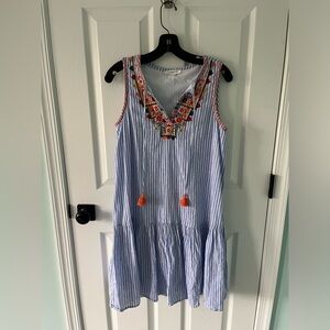 Beachlunchlounge drop waist striped dress with embroidery and tassels small